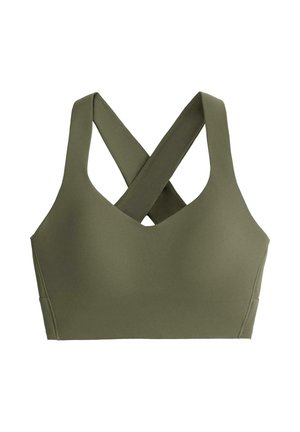 Olijfgroene sportbeha met brede banden die elkaar kruisen aan de achterkant en een glad, naadloos ontwerp.