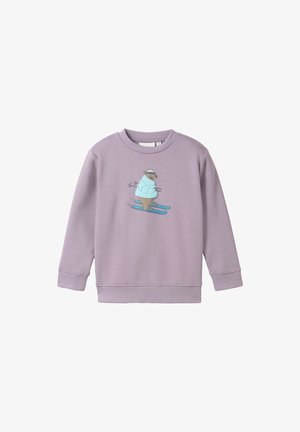 Paarse katoenen sweatshirt met een cartoonbeer die aan het skiën is, met ribgebreide manchetten en zoom. Het ontwerp bevat een ijsje en speelse accenten.