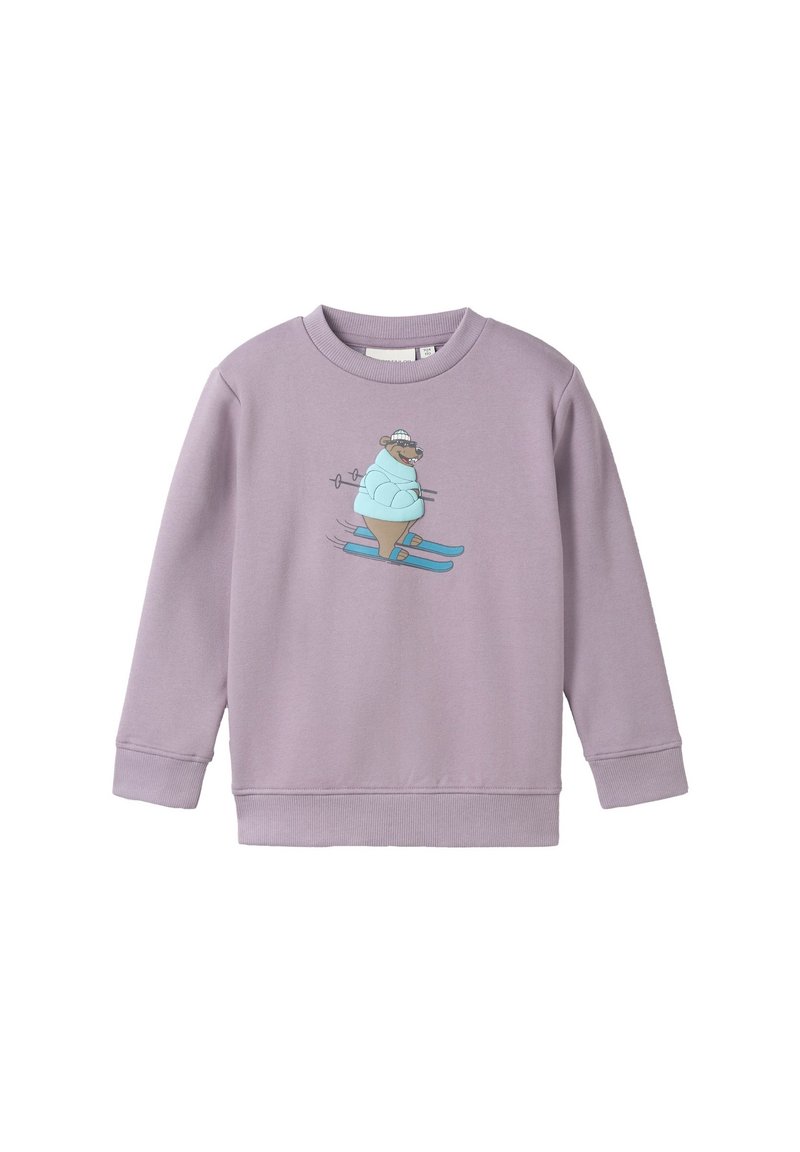 Felpa in cotone viola con un orso cartoon che scia, con polsini e orlo a coste. Il design include un cono gelato e dettagli giocosi.