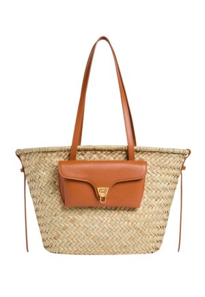 Borsa tote in paglia intrecciata con lunghi manici in pelle cuoio e tasca frontale in pelle cuoio con chiusura a scatto dorata.