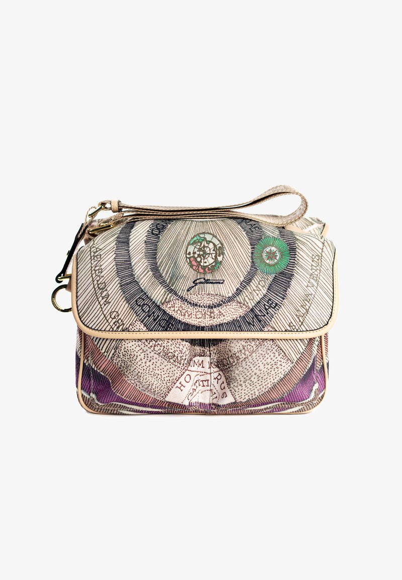 Borsa a tracolla in tessuto multicolore con motivo circolare, dotata di accessori in oro, chiusura con zip e tracolla rimovibile. Dettagli in viola e verde.