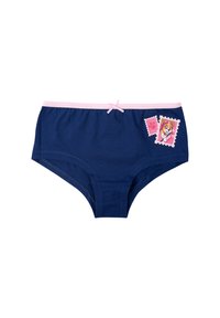 Culotte di cotone blu navy con una fascia rosa e un fiocco, caratterizzate da un design stampato di un personaggio su una grafica a forma di francobollo.