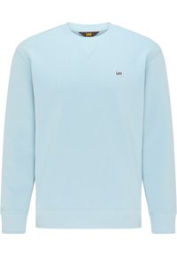 Felpa azzurro chiaro in misto cotone, con scollo tondo, maniche lunghe, polsini a costine e piccolo logo ricamato sul petto.