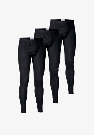 Black thermal long johns in a three-pack, made of stretchy fabric, featuring a snug fit, reinforced seams, and an elastic waistband.