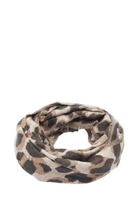 Szalik w panterkę w odcieniach brązu i beżu, wykonany z miękkiej tkaniny, z pętlą i widocznymi detalami szwów.