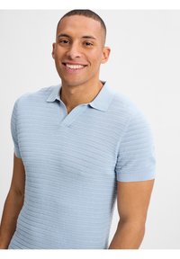 Hellblaues Poloshirt mit kurzen Ärmeln, strukturiertem Strickmuster und klassischem Kragen. Figurbetonte Passform. Glattes Material.