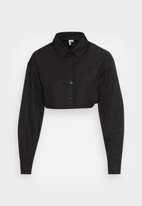 Cropped black button-up shirt with a collar, long sleeves, and a smooth texture. Features central buttons and fitted cuffs.