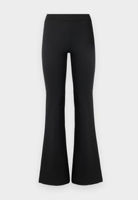 Black flared leggings made of stretchy fabric, featuring a high waistband and smooth texture extending from waist to flared hem.