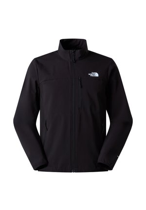 Veste softshell noire avec un col montant, une fermeture éclair devant, deux poches latérales et une poche poitrine. Logo blanc sur le haut gauche.