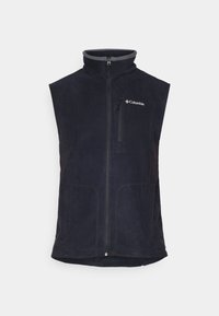 Navy fleece vest with a high collar, front zipper, and two side pockets. Features a gray accent on the collar and left chest logo.