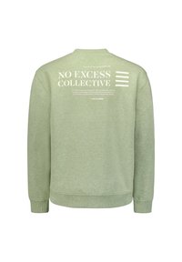 Mintgrön sweatshirt med rund halsringning och långa ärmar. Text och grafisk design på baksidan i vitt. Mjuk tygtextur.