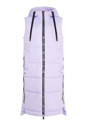 Gewatteerde mouwloze vest in licht lavendel met een rits aan de voorkant, verstelbare capuchon en zijzakken. Kenmerkt zich door zwarte rits- en trekkoordaccenten.