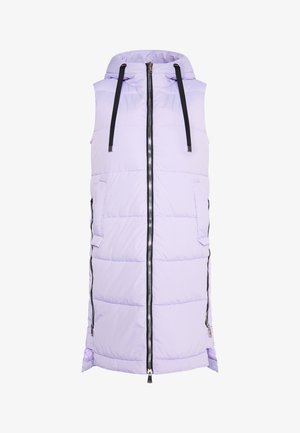 Gewatteerde mouwloze vest in licht lavendel met een rits aan de voorkant, verstelbare capuchon en zijzakken. Kenmerkt zich door zwarte rits- en trekkoordaccenten.
