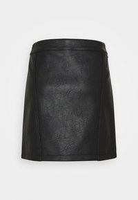 Zwarte rok van imitatieleer met een gestructureerde afwerking, rechte snit, hoge taille en een nette zoom. Kenmerkt zich door het ontbreken van zichtbare hardware of accenten.