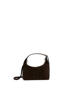 Dark brown suede shoulder bag with a short handle and an adjustable long strap, featuring gold-tone hardware details.
