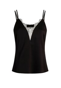 Camiseta negra sin mangas con un diseño de escote en V, presenta un borde de encaje en el cuello, tirantes delgados ajustables y una tela suave y texturizada.