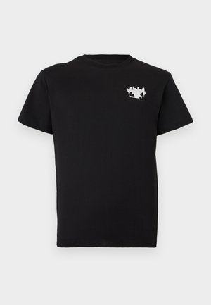 Schwarzes Kurzarm-T-Shirt mit einer kleinen weißen Graffiti-Grafik auf der linken Brust.
