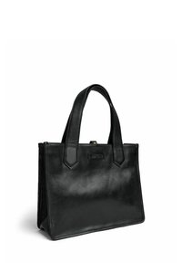 Borsa a mano nera in pelle con un design strutturato, forma rettangolare, due manici corti e un logo discreto sul davanti. Texture liscia.
