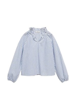 Blouse à manches longues avec rayures verticales bleues et blanches, col à volants et poignets froncés, posée à plat sur un fond blanc.