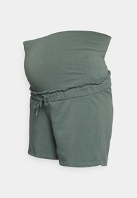 Bermudas de maternidade em tecido verde suave, com uma cintura elástica e cordão ajustável. Textura macia com um ajuste confortável.