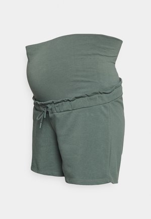 Bermudas de maternidade em tecido verde suave, com uma cintura elástica e cordão ajustável. Textura macia com um ajuste confortável.