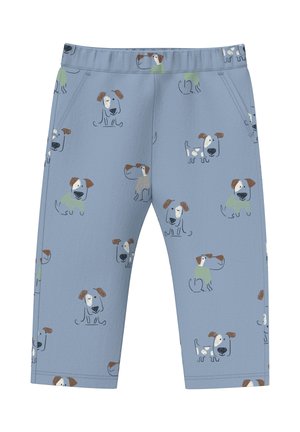 Hellblaue Kinderhose mit Cartoon-Hundemuster, einige Hunde tragen grüne oder graue Pullover, elastischer Bund und seitliche Taschen.