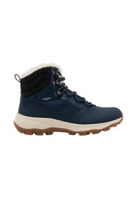 Marineblauer, wasserdichter Wanderschuh mit strukturierter Oberseite, gefüttertem Kragen, Schnürdesign und robustem braunem Profil für besseren Grip.