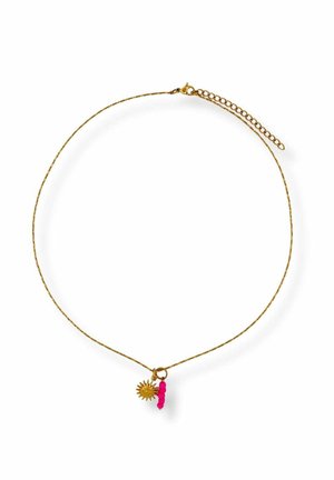 Delicate gold chain necklace with a sun-shaped gold charm and a small pink beaded charm on a white background.