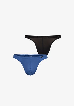 Twee gestreepte herenslips, één zwart en één blauw, getoond tegen een witte achtergrond.