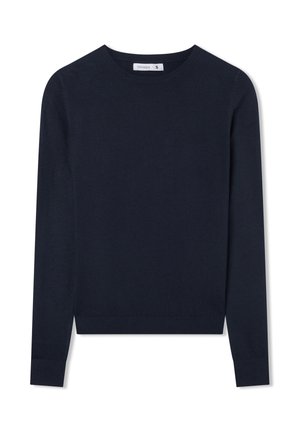 Maglione blu navy realizzato in materiale morbido e leggero. Presenta un collo a giro e maniche lunghe con polsi e orlo a costine.