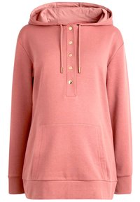 Sudadera con capucha de suave tela rosa. Presenta botones en tono dorado y un bolsillo frontal tipo canguro. Mangas largas con puños de canalé.
