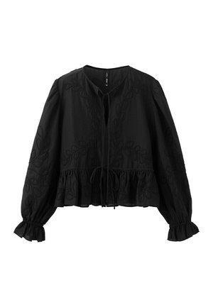 Black long-sleeve blouse with embroidered leaf patterns, tie closure at neckline and waist, gathered ruffle hem and cuffs.