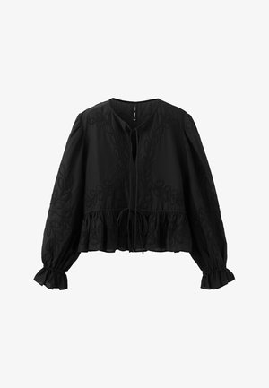 Black long-sleeve blouse with embroidered leaf patterns, tie closure at neckline and waist, gathered ruffle hem and cuffs.