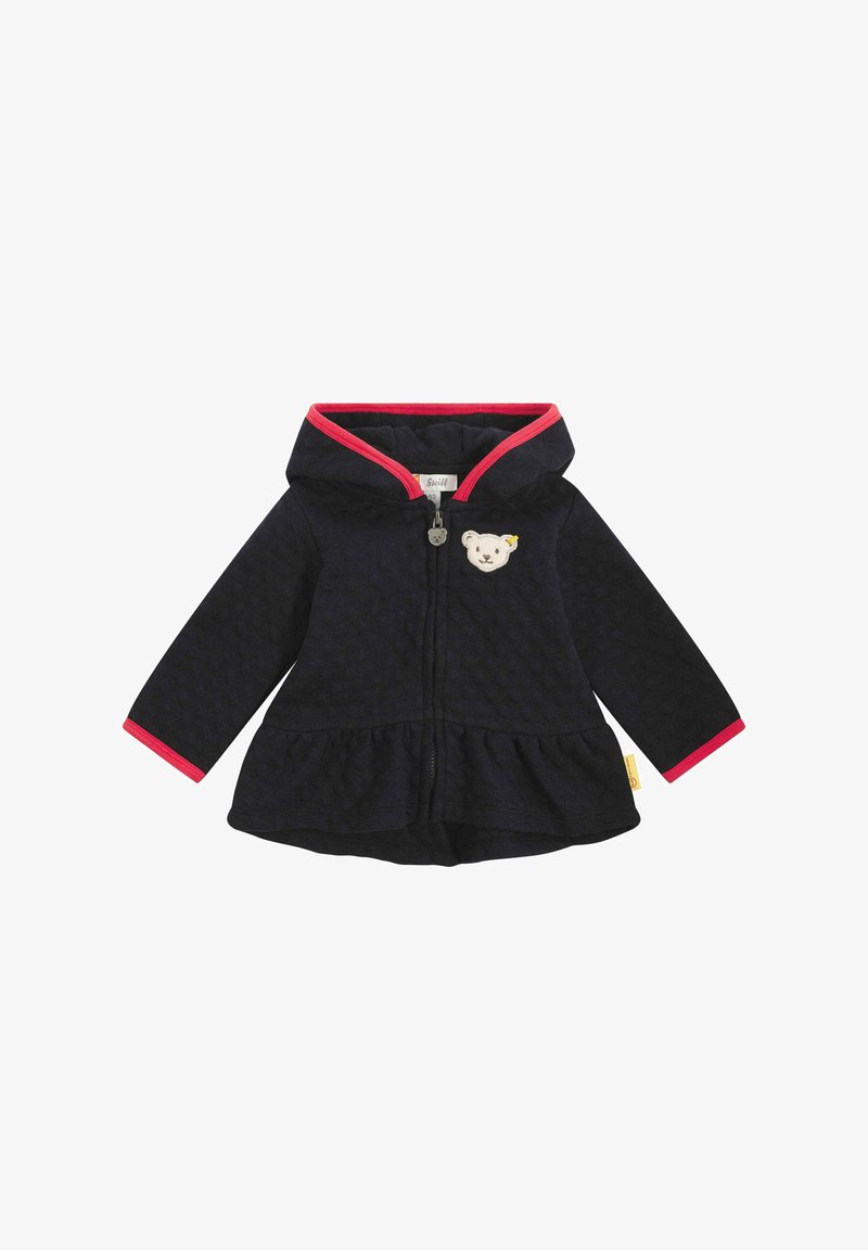 Marineblauer Kapuzenjacke mit pinken Akzenten, strukturiertem Stoff, Reißverschluss und einem Bären-Patch auf der Brust; ausgestellter Saum und lange Ärmel.