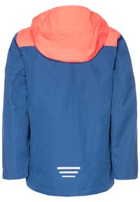 Blue jacket with a bright coral hood and shoulder accents. Features reflective stripes at the back. Made from smooth, durable fabric.