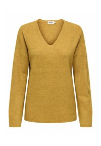 Dzeltena sinepju krāsas V veida kakla džemperis ar gar�ām piedurknēm, ribota tekstūra un brīvs piegriezums. Uz etiķetes rakstīts "ONLY."