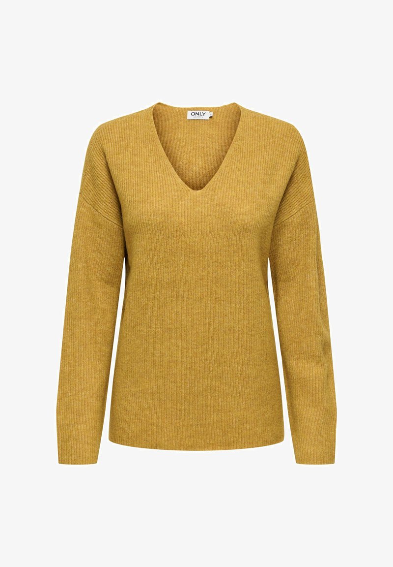 Rumen rumen pulover z V-izrezom, dolgimi rokavi, rebrastim vzorcem in sproščenim krojem. Na etiketi piše "ONLY."