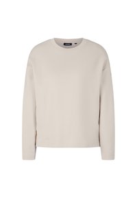 Light beige long-sleeve sweatshirt made of soft fabric, featuring a round neck and minimalistic design with a gold accent on the side.