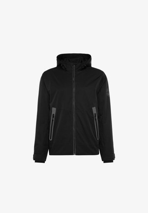 Zwarte capuchonjack gemaakt van waterproof materiaal, met ritssluitingen in de zijzakken, grijze accenten en een strak ontwerp van de manchetten.