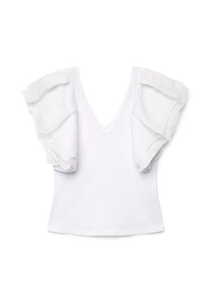 Blusa bianca con scollo a V, maniche corte arricciate e vita aderente, mostrata su uno sfondo bianco semplice.