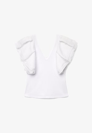 Blusa bianca con scollo a V, maniche corte arricciate e vita aderente, mostrata su uno sfondo bianco semplice.