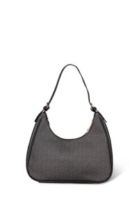 Borsa grigia con motivo a fantasia, texture liscia, forma curva e un manico singolo. Presenta dettagli in metallo color oro e una chiusura con zip.