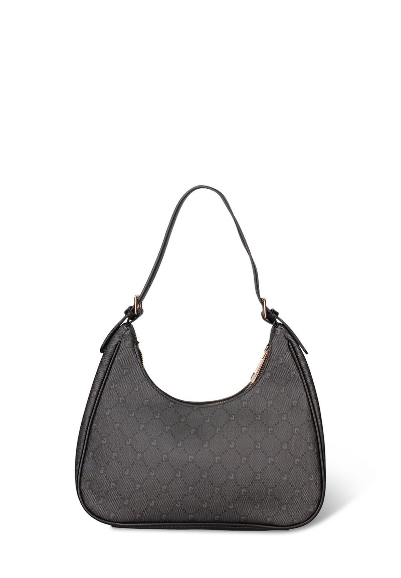 Borsa grigia con motivo a fantasia, texture liscia, forma curva e un manico singolo. Presenta dettagli in metallo color oro e una chiusura con zip.