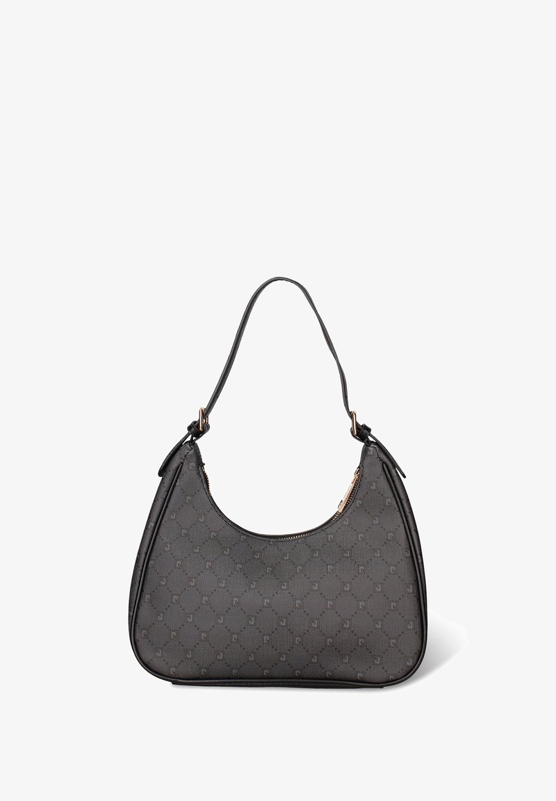 Borsa grigia con motivo a fantasia, texture liscia, forma curva e un manico singolo. Presenta dettagli in metallo color oro e una chiusura con zip.