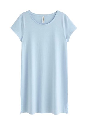 Ljusblå bomulls t-shirtklänning med rundad halsringning, korta ärmar och sidslitsar för rörelsefrihet. Mjuk textur, avslappnad design.