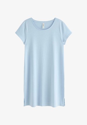 Ljusblå bomulls t-shirtklänning med rundad halsringning, korta ärmar och sidslitsar för rörelsefrihet. Mjuk textur, avslappnad design.