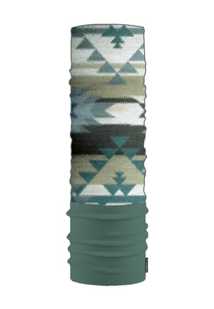 Gaiter de cuello multifuncional en una tela con tonos verdes y terracota; presenta patrones geométricos y un acabado texturizado; diseño cilíndrico y estirable.