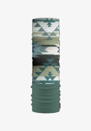 Multifunctional neck gaiter in fabric with green and earth tones; features geometric patterns and textured finish; cylindrical, stretchable design.