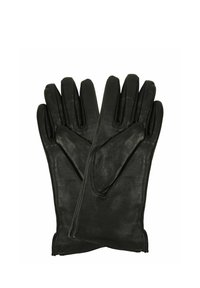 Pair of black leather gloves laid flat with fingers extended against a white background.