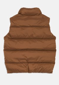 Brun polstret vest med høy krage og horisontal quiltet design, med en jevn tekstur og ingen synlige detaljer eller aksenter.